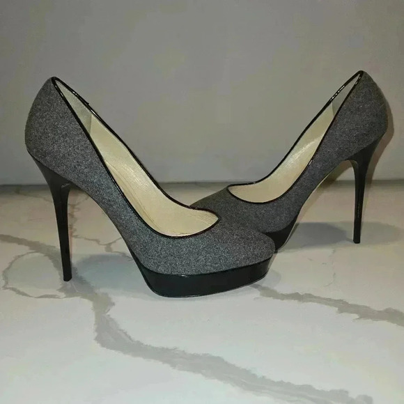 Jimmy Choo London Flannel Wool Patent Leather Platform Stiletto Heels Size 39 - Picture 2 of 10